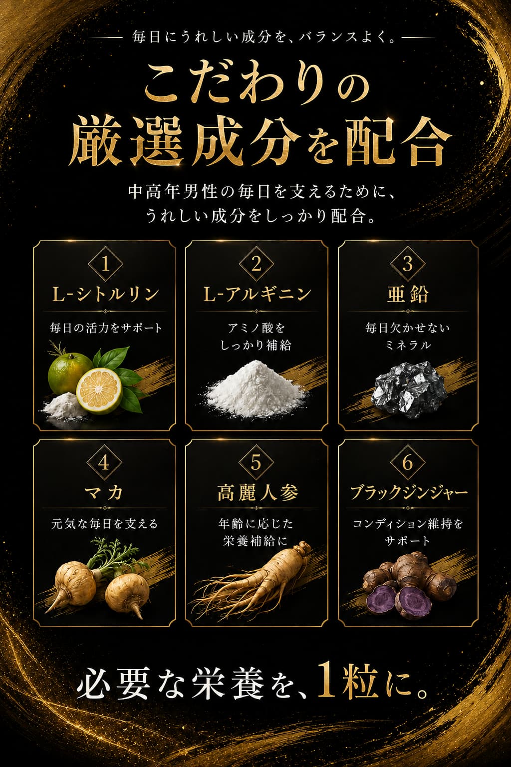 こだわりの厳選成分を配合 Lシトルリン Lアルギニン 亜鉛 マカ 高麗人参 ブラックジンジャー 中高年男性の毎日を支えるためにうれしい成分をしっかり配合