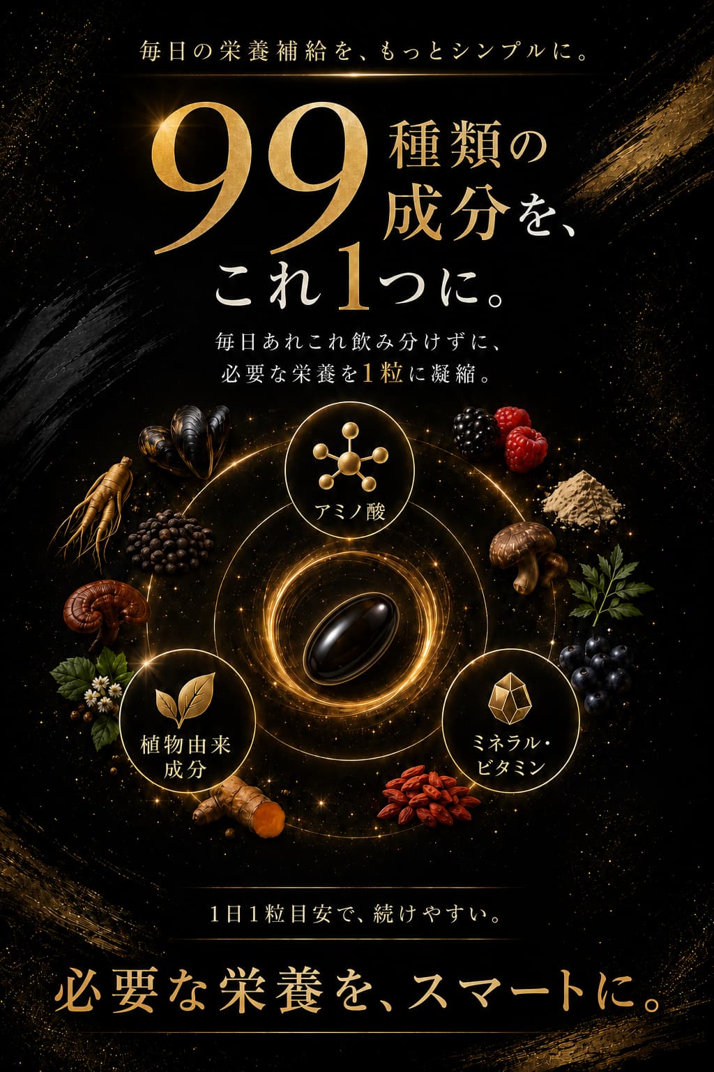 99種類の成分をこれ1つに 毎日あれこれ飲み分けずに必要な栄養を1粒に凝縮 植物由来成分 アミノ酸 ミネラル ビタミンをスマートに補給