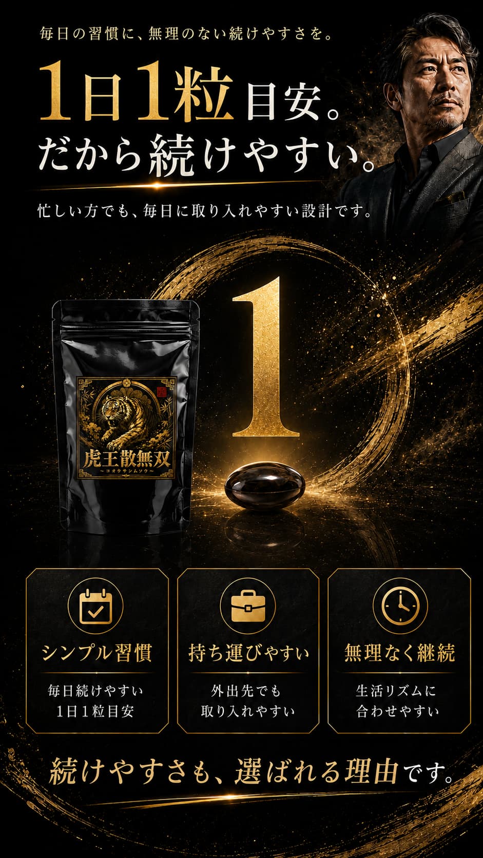 1日1粒目安だから続けやすい 毎日の習慣に無理なく取り入れやすい 持ち運びやすく生活リズムに合わせやすい虎王散無双