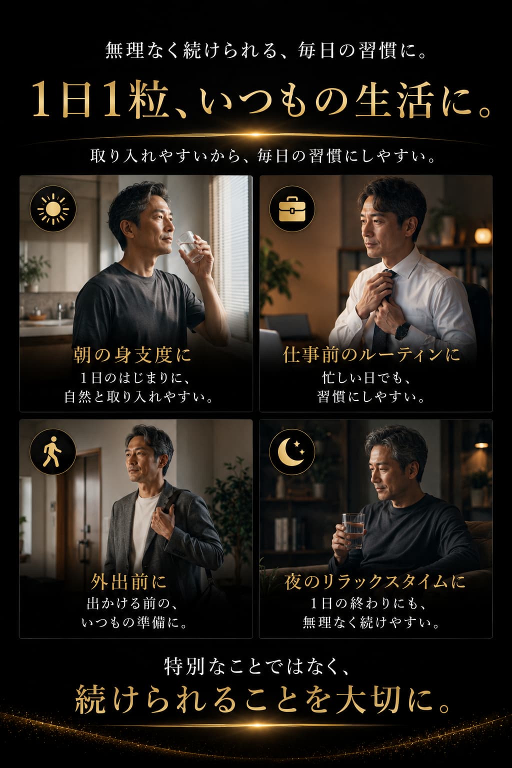 1日1粒いつもの生活に 朝の身支度に 仕事前のルーティンに 外出前に 夜のリラックスタイムに 特別なことではなく続けられることを大切に
