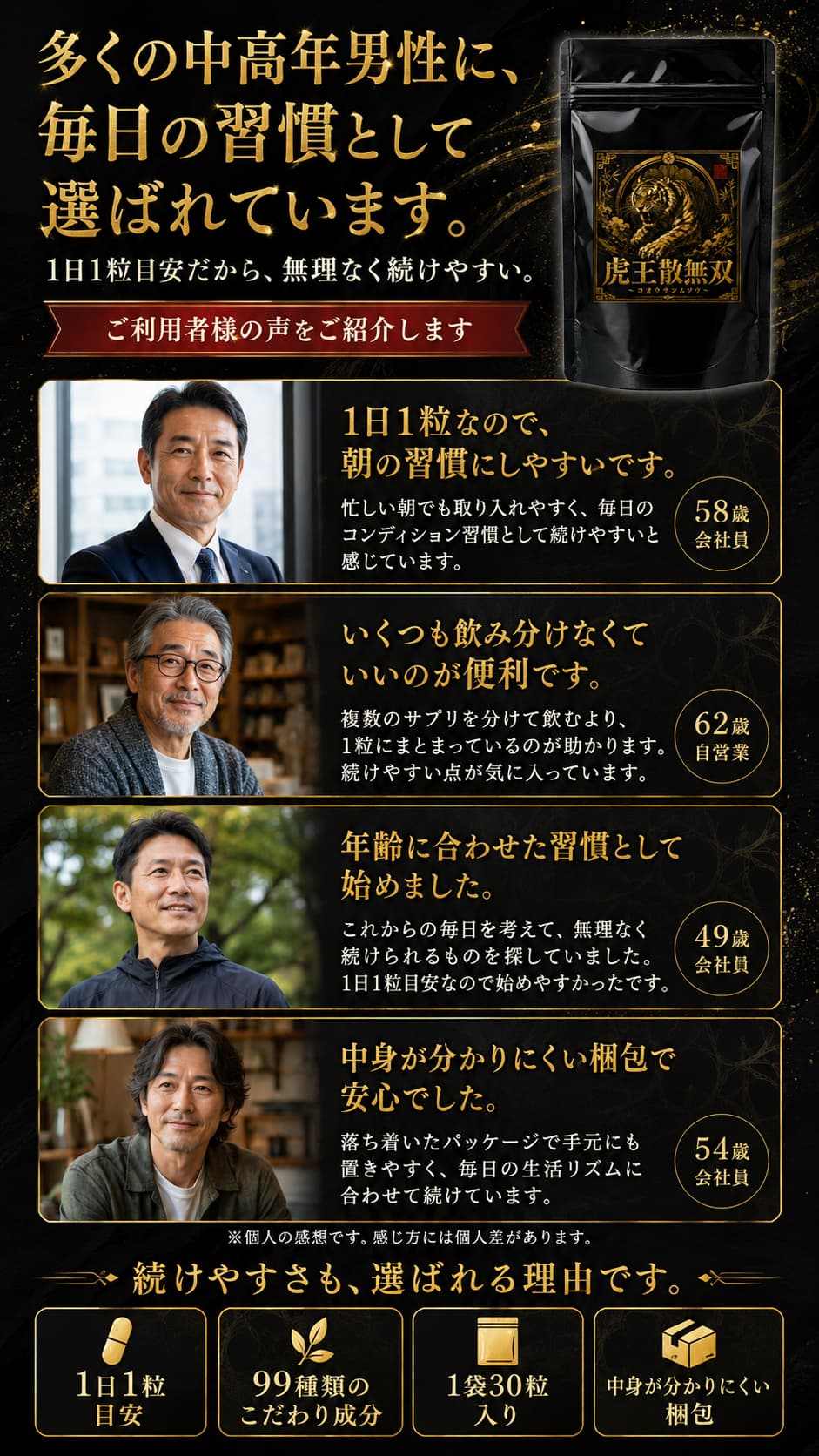 虎王散無双は多くの中高年男性に、毎日の習慣として選ばれています。