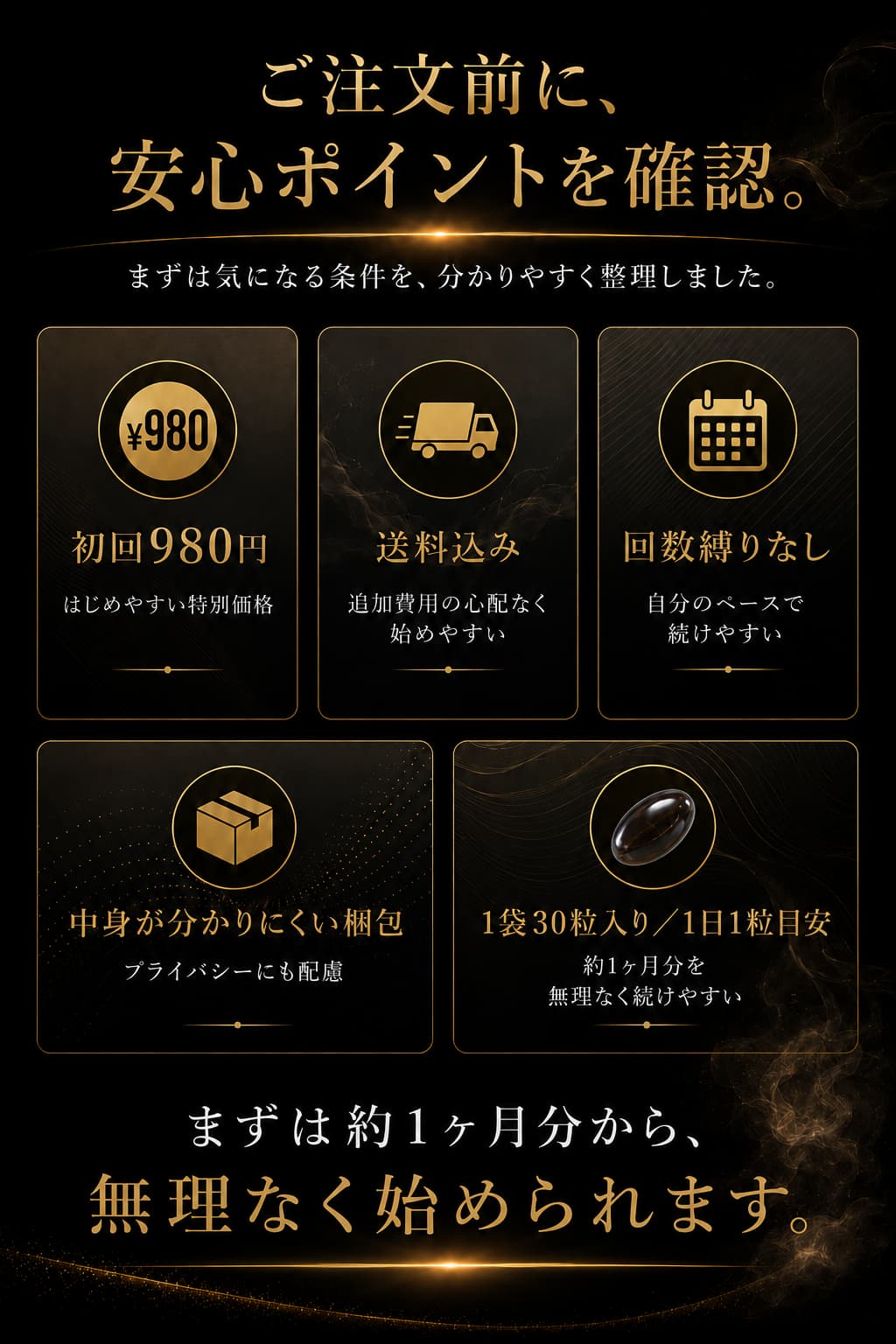ご注文前に安心ポイントを確認 初回980円 送料込み 回数縛りなし 中身が分かりにくい梱包 1袋30粒入り 1日1粒目安 まずは約1ヶ月分から無理なく始められます