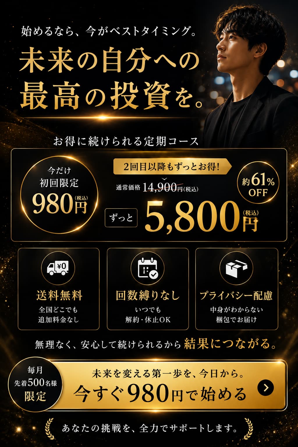 年齢に負けない毎日を今日から 99種類のこだわり成分を1粒に 中高年男性のコンディション習慣をサポート 通常価格14900円 定期通常価格9800円 今ならずっと5800円 さらに初回980円 送料込み 回数縛りなし 中身が分かりにくい梱包 初回980円で試してみる